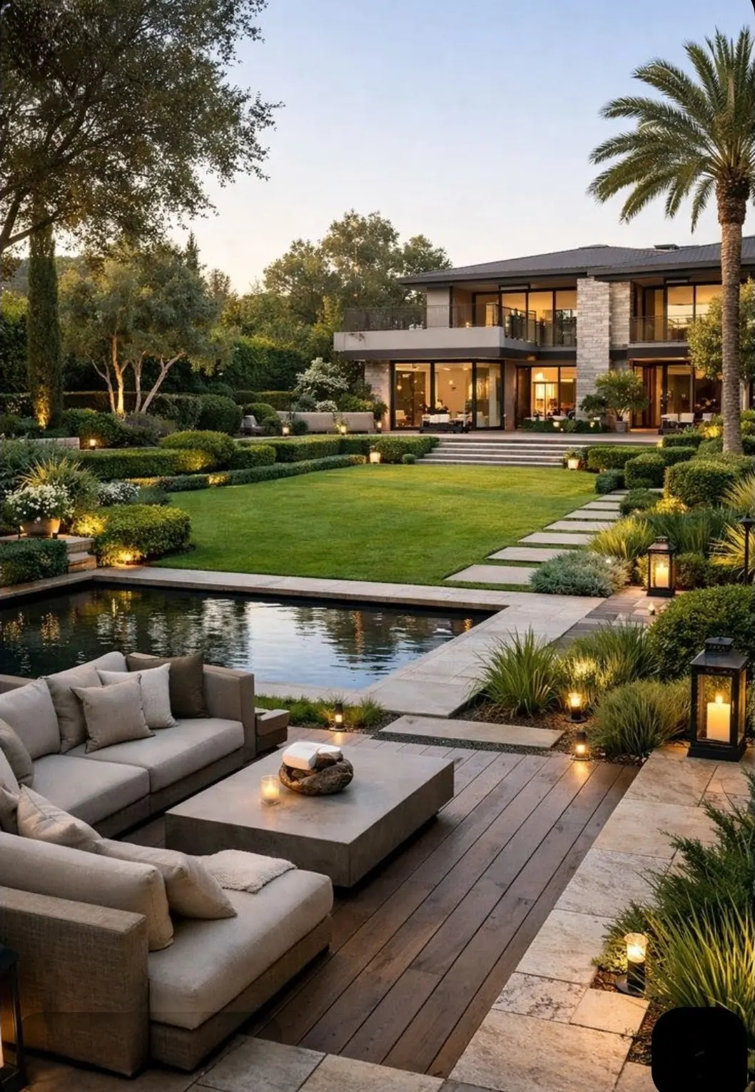 Luxury estate backyard with reflecting pool, lounge, lanterns, and palms at golden hour