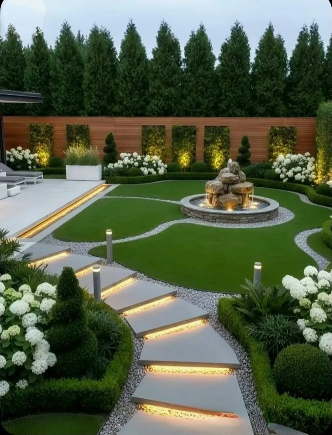 Formal garden with stone fountain, lit step path, hydrangeas, and arborvitae screening